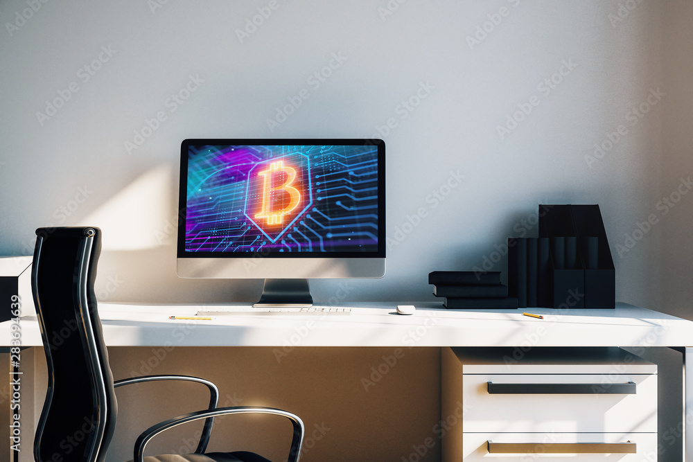 Poster desktop interior with computer, table and chair. blockchain theme drawing on screen. 3d rendering