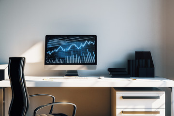 Cabinet desktop interior with financial charts and graphs on computer screen. Concept of stock market analysis and trading. 3d rendering.