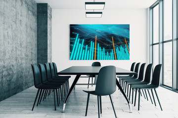 Conference room interior with financial chart on screen monitor on the wall. Stock market analysis concept. 3d rendering.