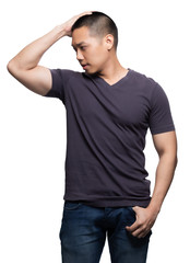 Fototapeta premium Grey on asian model for v-neck tshirt blank mockup template in your clothing design.