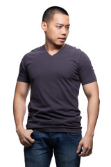 Fototapeta premium Grey on asian model for v-neck tshirt blank mockup template in your clothing design.