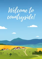 Fototapete Pool Vector flat landscape illustration of summer countryside nature view: sky, mountains, cozy village houses, cows, fields and meadows. For farm product packaging, sticker design, banner, flayer etc.