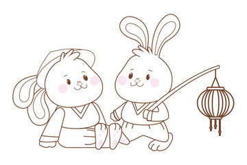 Rabbits in mid autumn festival cartoons in black and white
