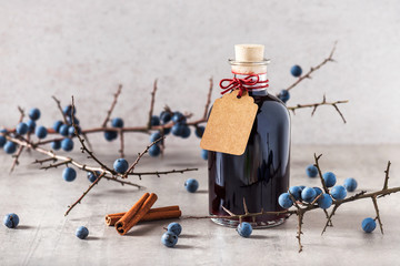 Bottle of homemade sloe liqueur with cinnamon as a small gift. Selective focus. Copy space. - obrazy, fototapety, plakaty