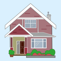 Flat drawing of a large house. Cottage building with Windows. Red roof. Isolated. illustration