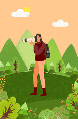 Obraz na płótnie Canvas Lady photographer capturing landscapes of nature vector, meadows and mountains. Woman with camera taking photos, pictures of greenery flat style