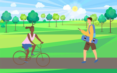 Fototapeta na wymiar Woman sitting on bicycle, man holding skateboard and phone, skateboarder and bicyclist in park, sunny weather and green plants, activity outdoor vector