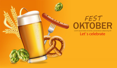 Beer mugs banner October fest Vector realistic. Fresh sparkling beer with pretzel. 3d detailed illustration templates