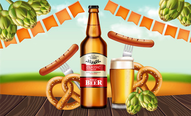 Beer bottle and pretzel Vector realistic. Fresh drink product placement. Label design. 3d illustrations