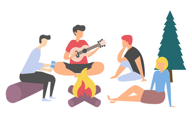 Group of people singing song and playing guitar, friends characters sitting near bonfire, people listening music, logs and tree, leisure outdoor vector