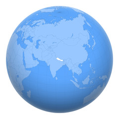 Nepal on the globe. Earth centered at the location of Federal Democratic Republic of Nepal. Map of Nepal. Includes layer with capital cities.