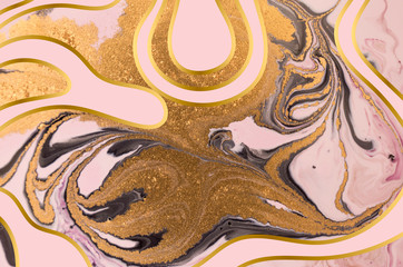 Gold marbling texture design. Pink and golden marble pattern. Fluid art.