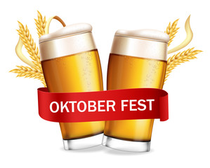Beer glasses October fest poster Vector realistic. Fresh sparkling drink. 3d detailed illustration templates