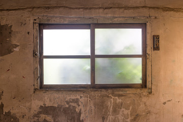 Dark room building with window case. Dark inside concrete wall windows