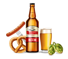 Beer bottle and fresh pretzel Vector realistic. Fresh drink product placement. Label design. 3d illustrations