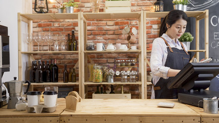 small business people and service concept. happy woman waitress in apron at counter with cashbox...