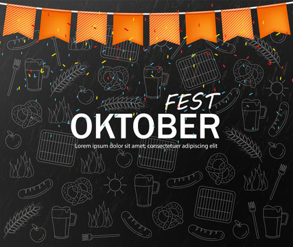October fest welcome poster Vector realistic. Dark background. Beer and pretzel pattern line artistic backgrounds