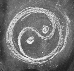 Yin and Yang symbol drawn on black chalkboard, blackboard texture and background