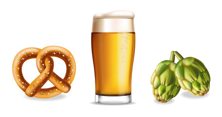 Pretzel beer and hop isolated Vector realistic set collections