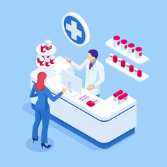 Isometric Pharmacy Store and Doctor pharmacist and patient. Woman pharmacist holding prescription checking medicine in the pharmacy. Health Care concept.