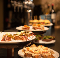 Close-up view of wide variety of tapas in Spain