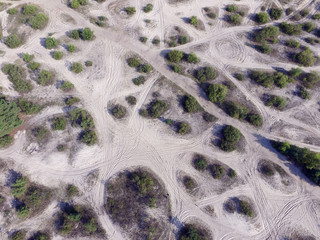 Desert like bank of Dnepr river in Kiev. Aerial drone view 