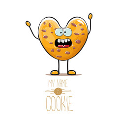 vector funny hand drawn homemade chocolate chip heart shape cookie character isolated on white background. My name is cookie concept illustration. funky food character or bakery label mascot