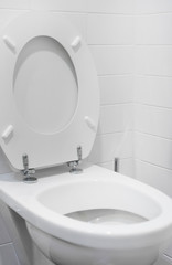 Toilet bowl view in water closet.