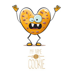 vector funny hand drawn homemade chocolate chip heart shape cookie character isolated on white background. My name is cookie concept illustration. funky food character or bakery label mascot