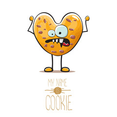 vector funny hand drawn homemade chocolate chip heart shape cookie character isolated on white background. My name is cookie concept illustration. funky food character or bakery label mascot