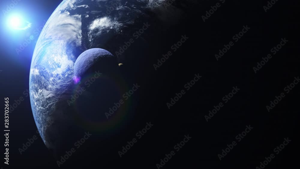 Wall mural conceptual two moons orbiting a large blue planet with deep shadows in space crossing past a large b