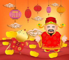 Happy New Year 2020. Chinese New Year. The year of the rat. Chinese God of Wealth and Little Rat. Translation Happy New Year