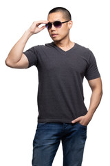 Fototapeta premium Dark grey on asian model for v-neck tshirt blank mockup template