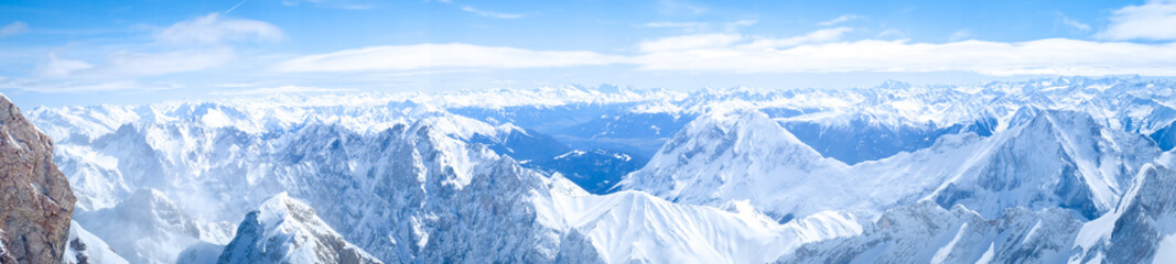 Beautiful view of Zugspitze mountain. The highest place in Bavaria, Garmisch-Partenkirchen, Germany. Snowy peaks of the Alpine Mountains.
