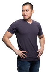 Obraz premium Grey on asian model for v-neck tshirt blank mockup template in your clothing design.