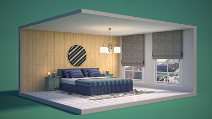 Interior of the bedroom in a box. 3D illustration