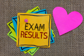 Conceptual hand writing showing Exam Results. Business photo text An outcome of a formal test that shows knowledge or ability Paper notes Important reminders Romantic message Jute background