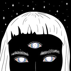 Hand Drawn art of girl with rainbow eyes in the space