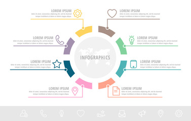Unique vector infographic flat template circles with eight sectors, labels. Business concept with 8 options. For brochure, step for step, timeline, workflow, marketing, diagram, graph, presentation