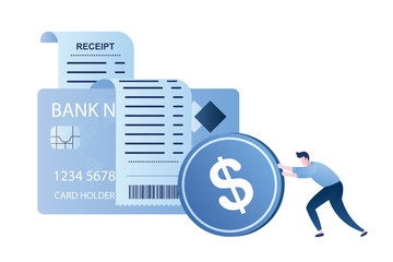 Receipt paper and credit card.Man rolls a coin.Cash and cashless payment