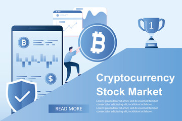 Businessman rolls a bitcoin coin,big smartphone with currency market application,