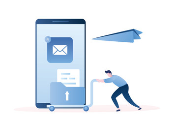 Big smartphone with mail application and man rolls the cart with document and paper plane flying