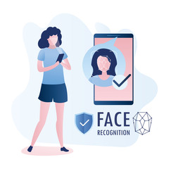 Female with mobile phone, face on big smartphone screen,Face id concept background,