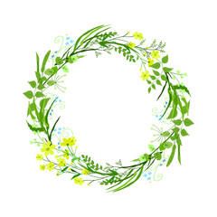 Round wreath of stylized field herbs and flowers. Delicate colors. Template for your design, floral greeting cards, announcements, posters.