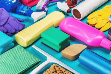 various cleaning products for the house on a colored background.