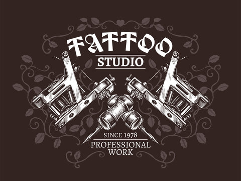 Design of poster for tattoo studio with two crossed tattoo machines in hand drawn engraving style