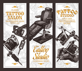 Hand drawn vertical vector tattoo salon banners with sketch engraving illustration on white. Monochrome templates set for tattooist studio
