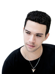 Portrait of a very handsome young man with green eyes looking aside, isolated, white background