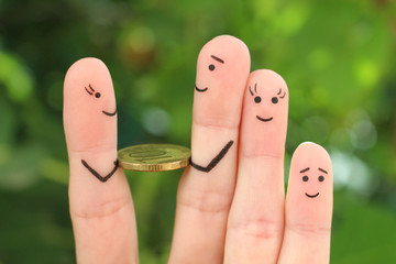 Fingers art of happy family. Man is given money.