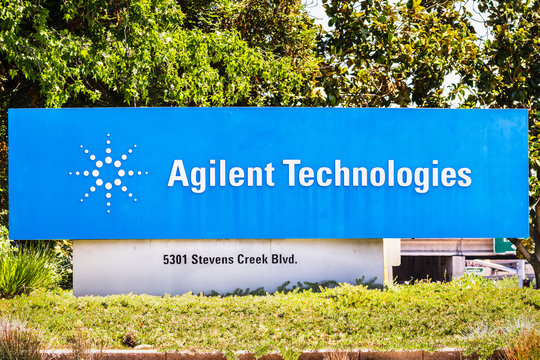 August 12, 2019 Santa Clara / CA / USA - Agilent Technologies sign at their HQ  in Silicon Valley; Agilent Technologies, Inc. is an American public research, development and manufacturing company